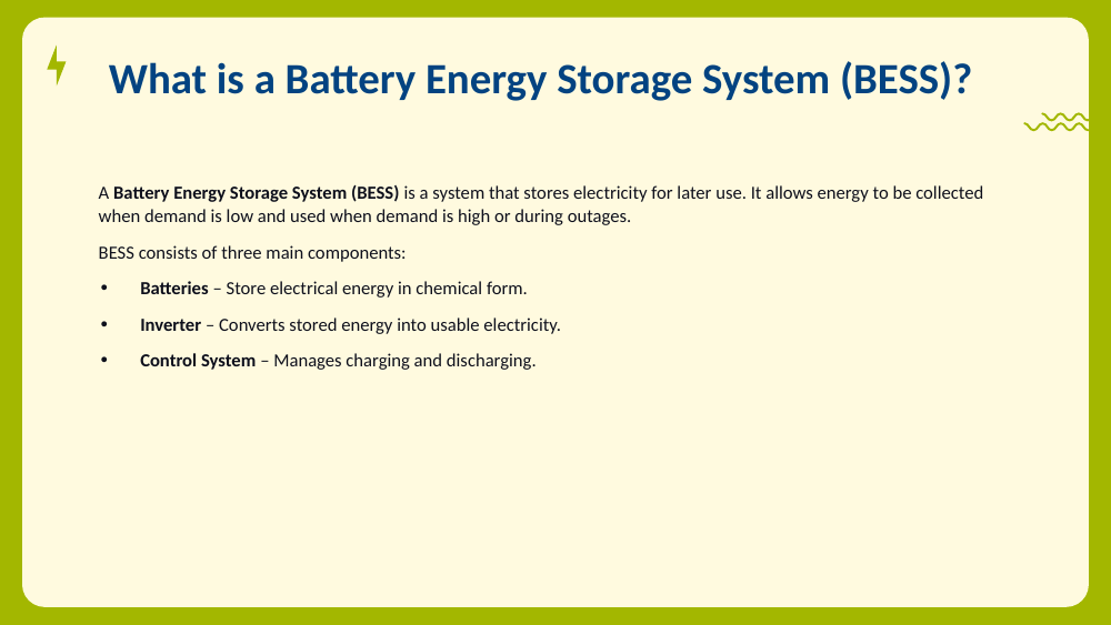 Slide defining a BESS and its three main parts: batteries, inverter, and control system