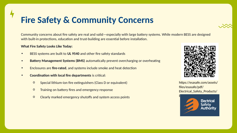 Fire safety slide listing UL 9540, BMS, and fire-rated enclosures with an ESA QR code