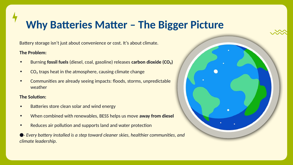 Problem and solution slide on climate and batteries beside an illustration of planet Earth.