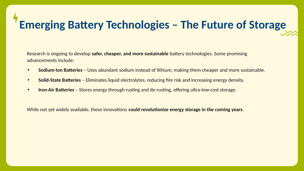 Slide describing sodium-ion, solid-state, and iron-air battery technologies.