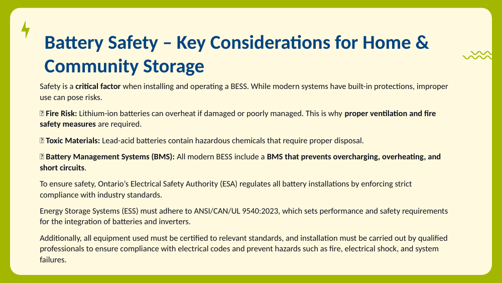Slide on battery safety covering fire risk, toxic materials, and Battery Management Systems.