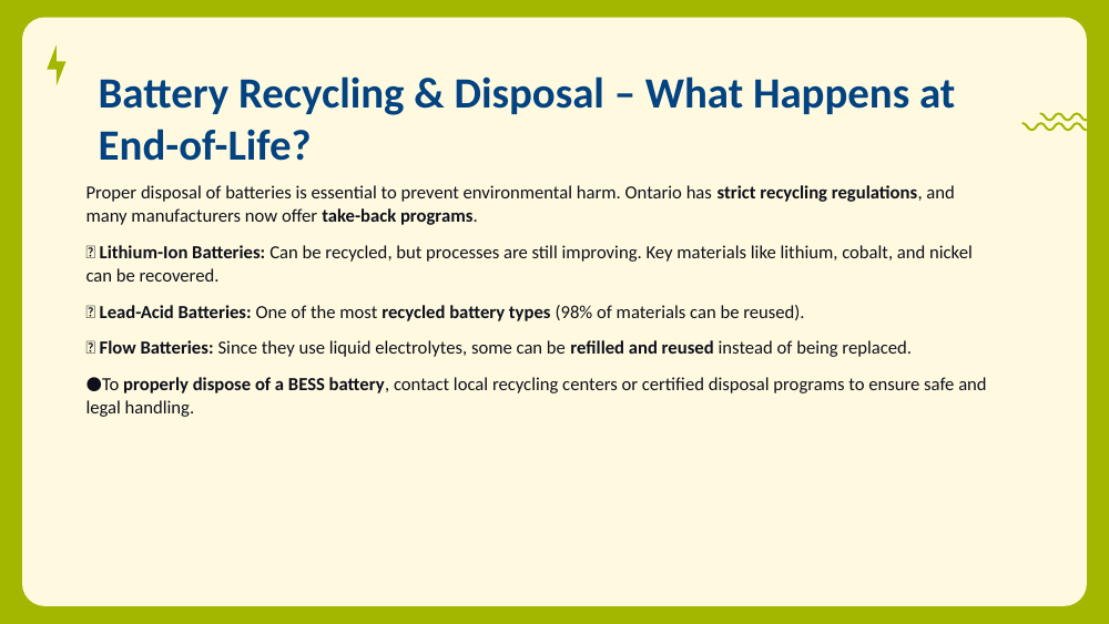 Slide describing recycling and disposal for lithium-ion, lead-acid, and flow batteries.