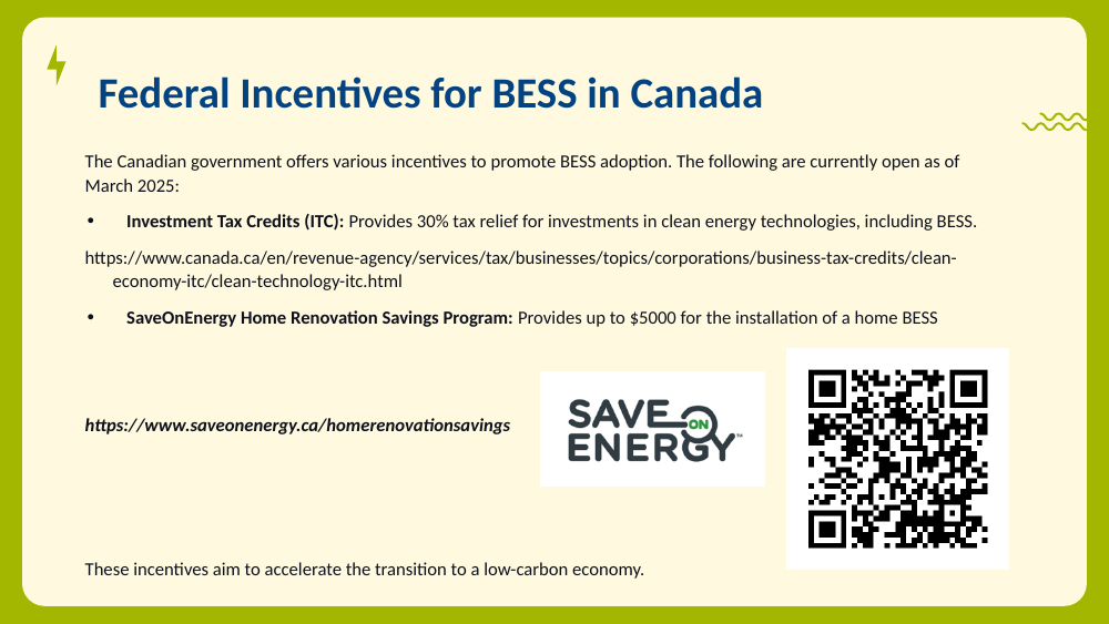 Slide on federal BESS incentives with the SaveOnEnergy logo and a scannable QR code.
