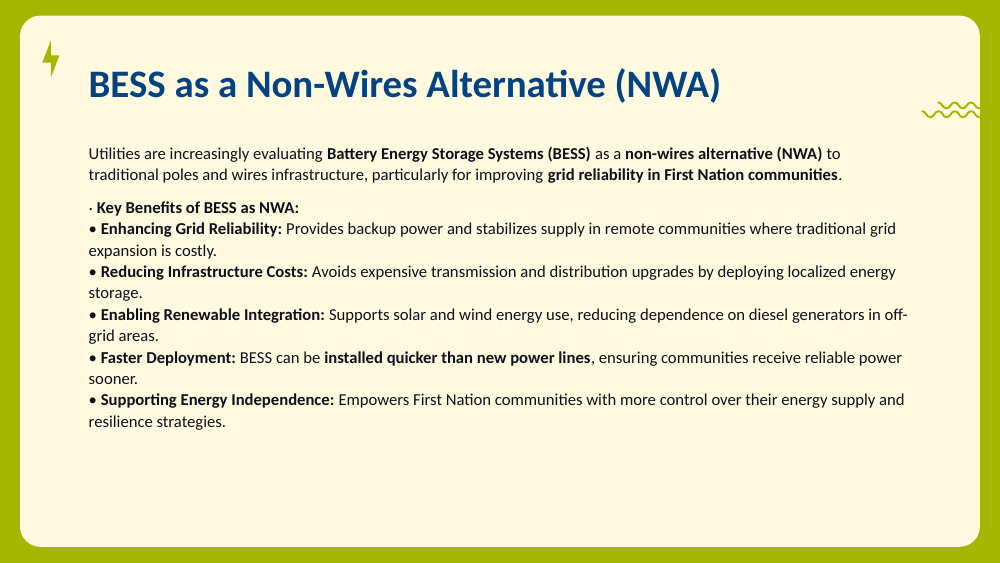 Slide listing five key benefits of BESS as a non-wires alternative on a cream branded card.