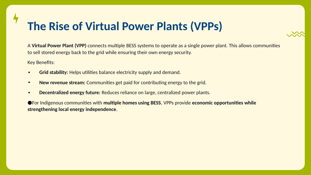 Slide defining a Virtual Power Plant and listing its key benefits on a cream branded card.