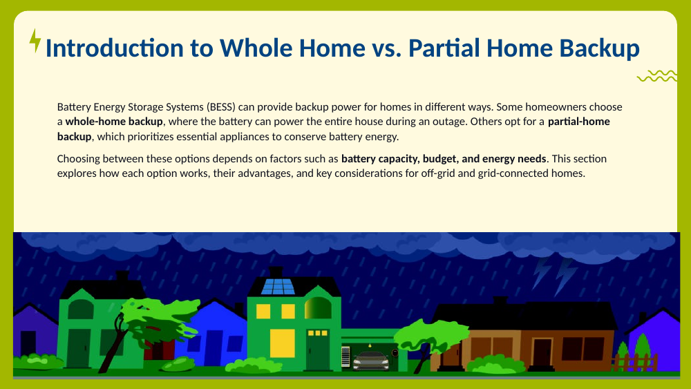 Night scene where one home stays lit during an outage while others are dark.
