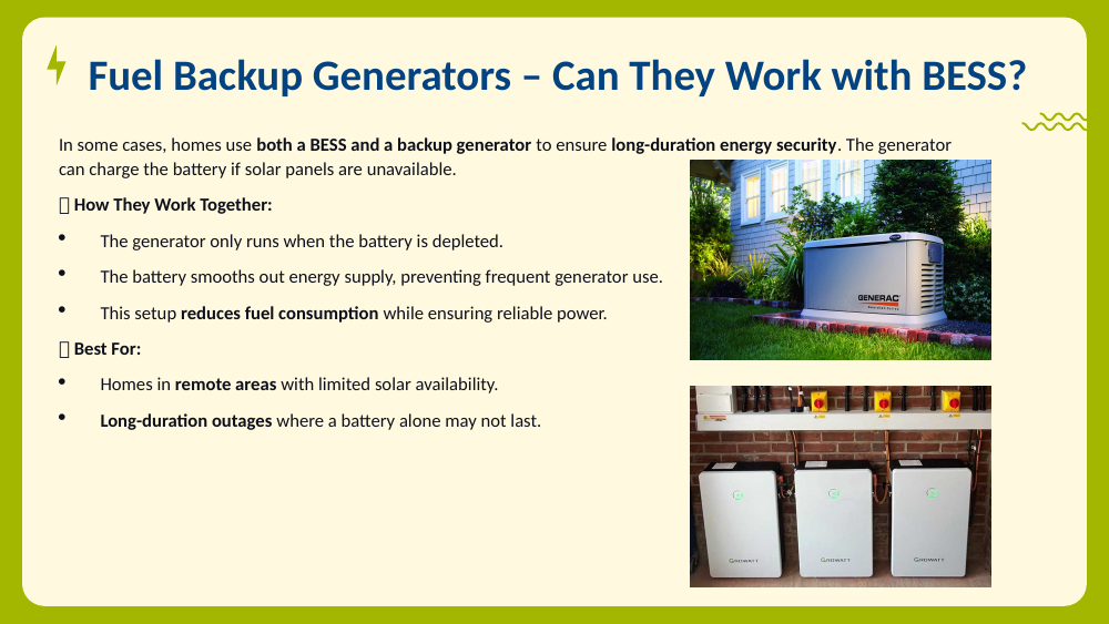 A standby generator beside a house and a row of wall-mounted battery units.