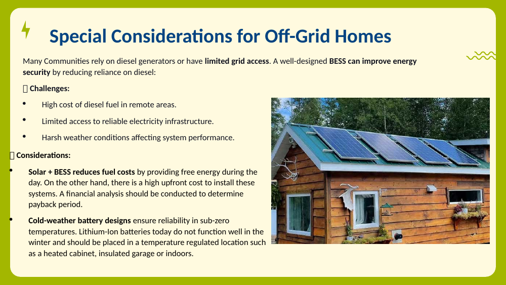 Off-grid cabins fitted with rooftop and ground-mounted solar panels.