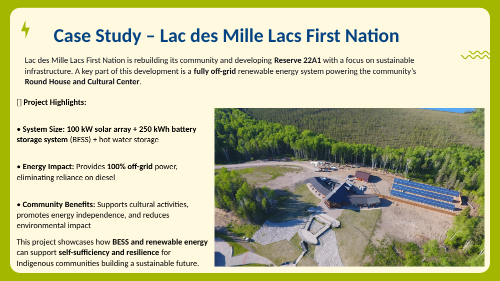 Aerial photo of a solar PV array in a forest clearing at Lac des Mille Lacs First Nation.
