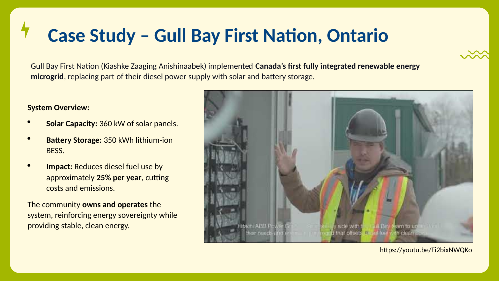 Worker in hard hat and hi-vis gear near battery and electrical equipment at Gull Bay.