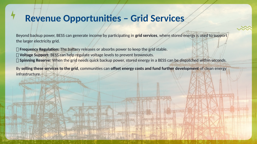 High-voltage transmission towers and power lines, with notes on grid services.