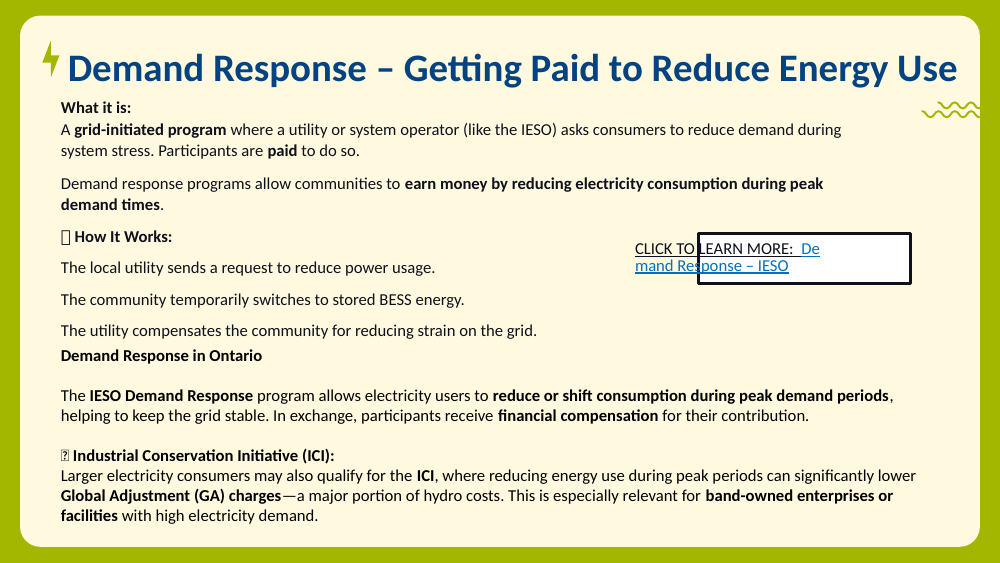 Slide explaining IESO demand response and the Industrial Conservation Initiative.