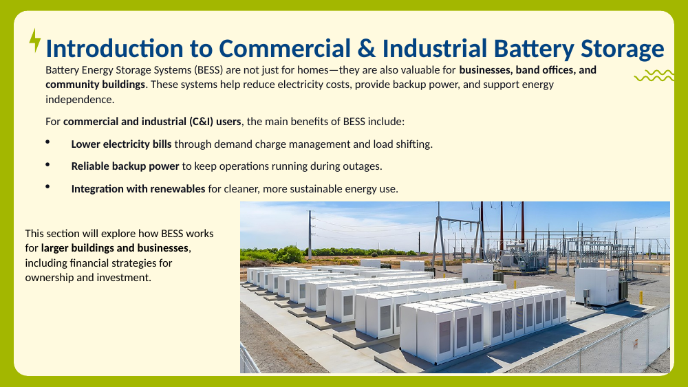 Outdoor commercial BESS installation: rows of grey battery cabinets in a fenced industrial yard.