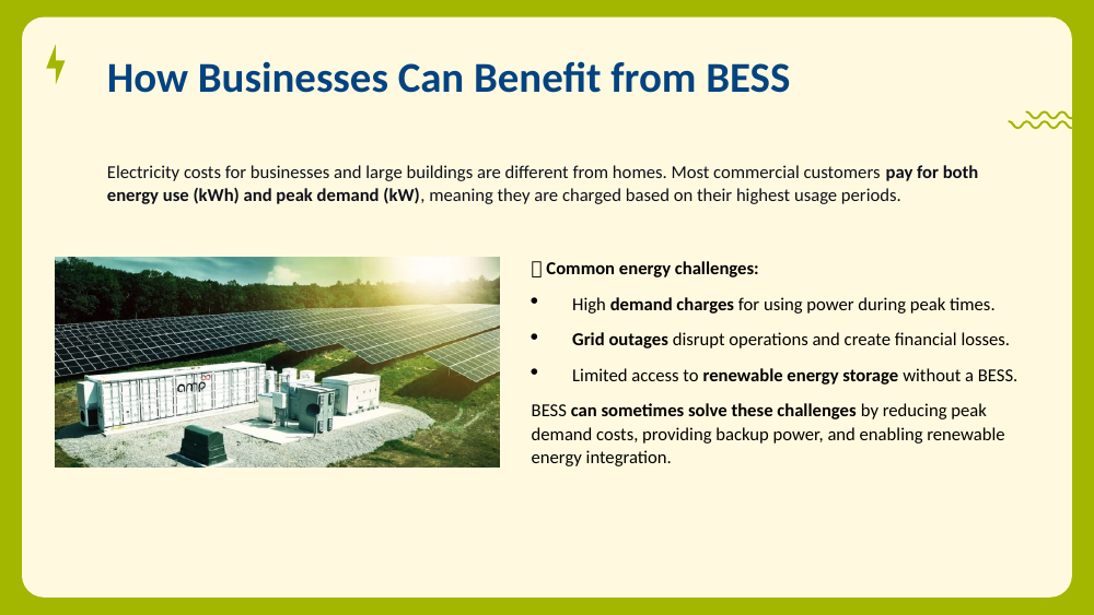 Large solar array with a white battery container in the foreground, beside a list of common business energy challenges.