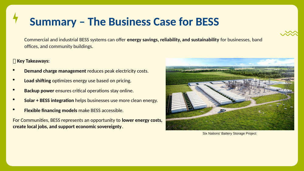 Aerial photo of the Six Nations battery storage project, rows of containerized BESS units near a substation.