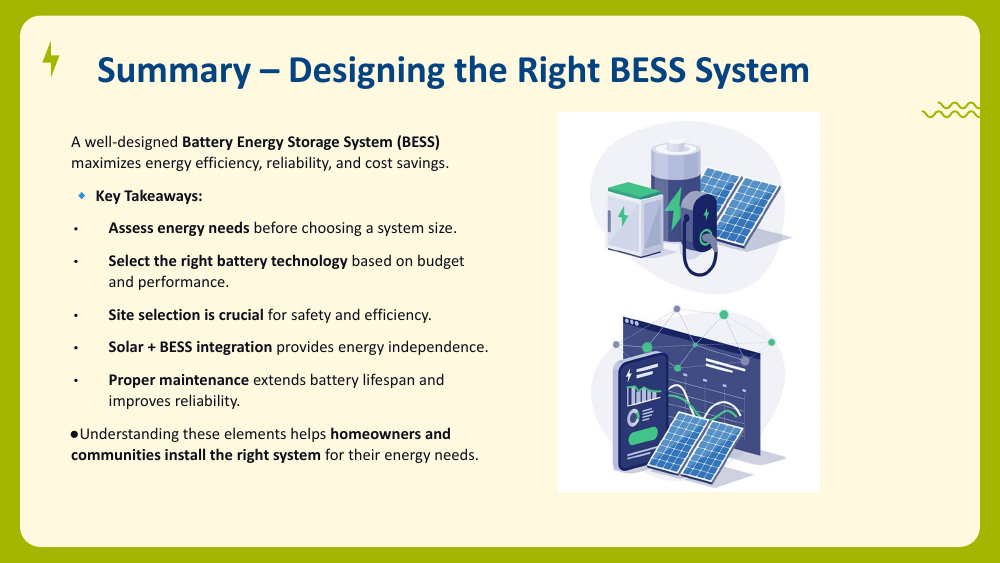 Flat illustrations of a battery with EV charger and a solar panel with a monitoring dashboard, beside five BESS design takeaways.