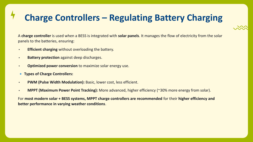 Slide explaining charge controllers for solar-integrated BESS, comparing PWM and MPPT types.