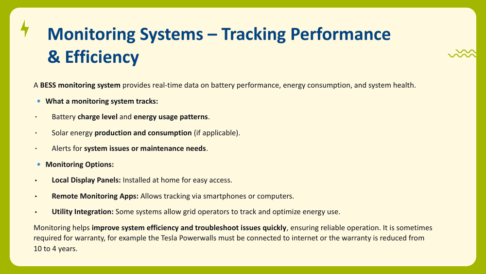 Slide describing what a BESS monitoring system tracks and its local, remote, and utility options.