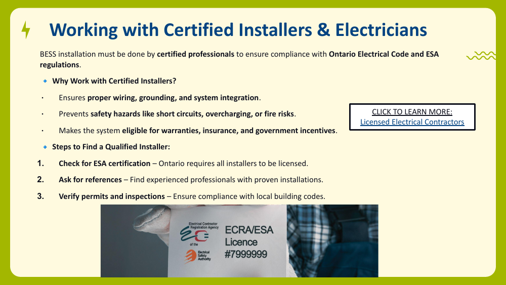 Guidance on finding certified installers with a photo of an ECRA/ESA licence card held against a worker's shirt.