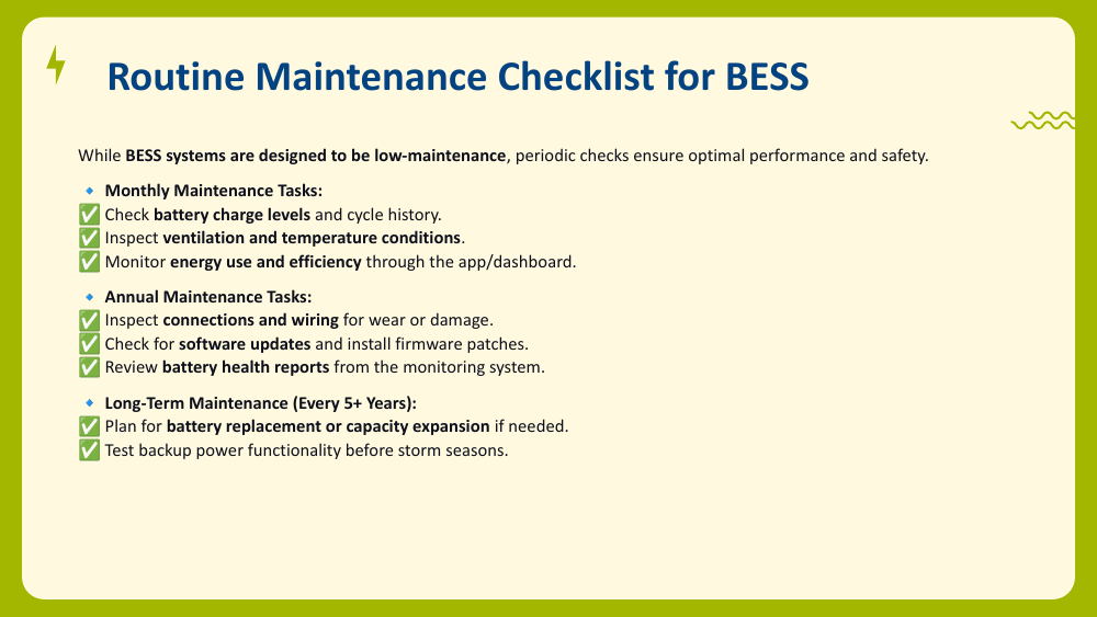 Monthly, annual, and long-term BESS maintenance checklist