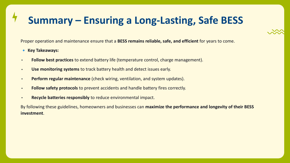 Summary slide listing key takeaways on a cream card with a lightning-bolt icon and wavy accent line.