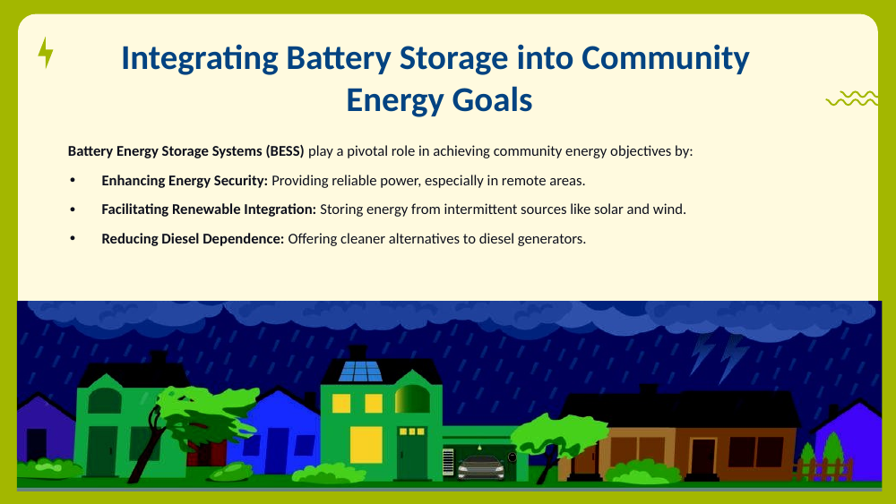 Illustration of a nighttime neighborhood with colorful houses powered by clean energy.