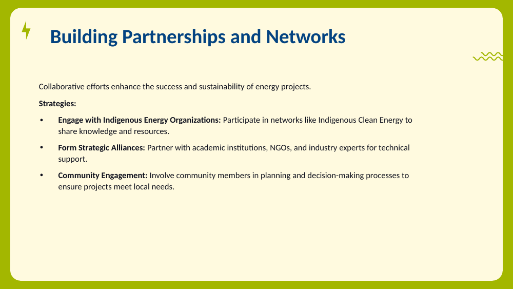 Bulleted slide on collaboration and engagement strategies for energy projects.
