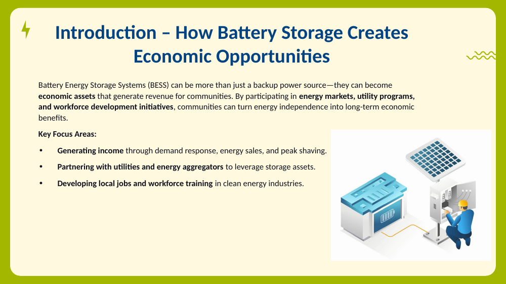 Isometric illustration of a battery storage unit, solar panel, and a technician working at an electrical cabinet.