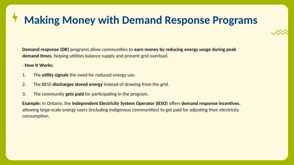 Slide explaining demand response with a definition, a three-step how-it-works list, and an Ontario IESO incentive example.