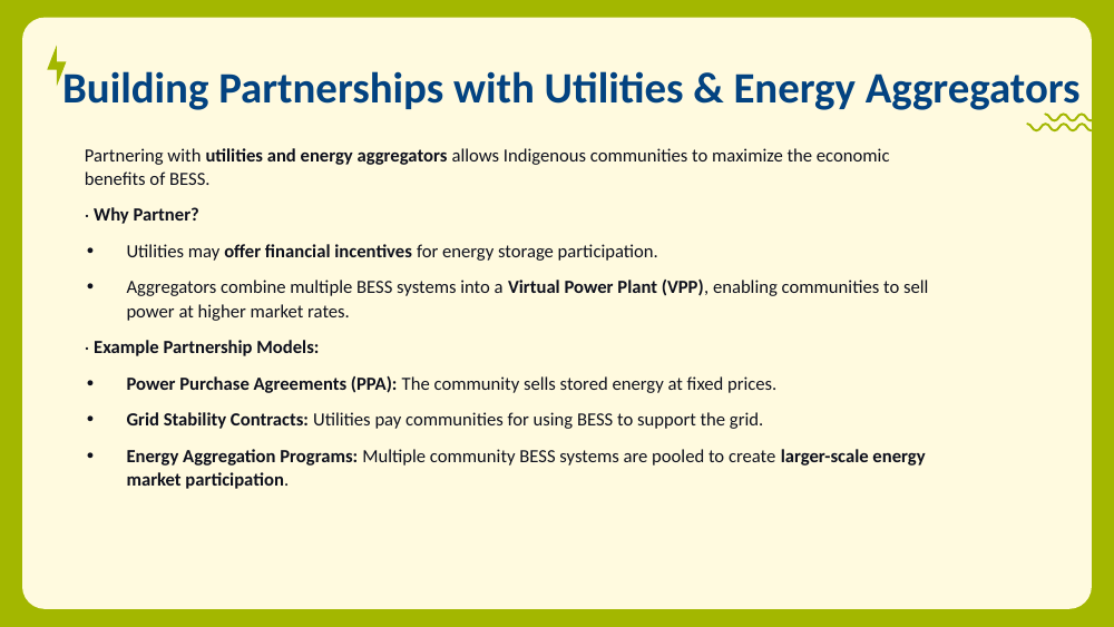 Slide on partnering with utilities and aggregators, covering Virtual Power Plant aggregation and three example partnership models.