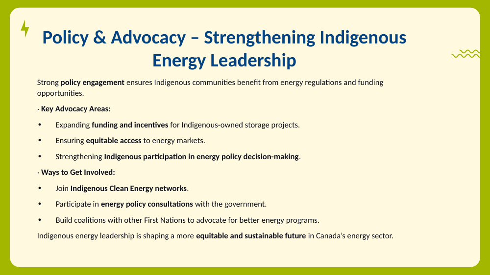 Slide listing advocacy areas like funding and fair market access, plus ways to get involved through energy networks and consultations.