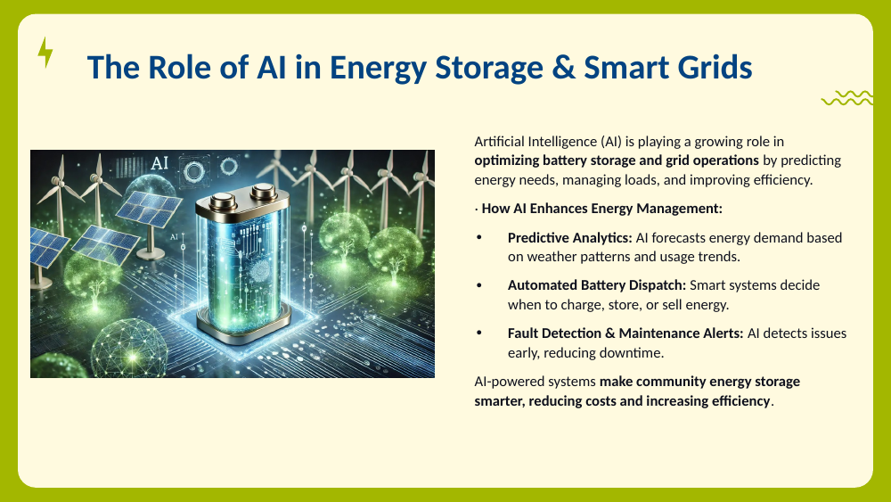 Illustration of a glowing battery surrounded by solar panels and circuit motifs labeled AI, beside notes on predictive analytics, automated dispatch, and fault detection.