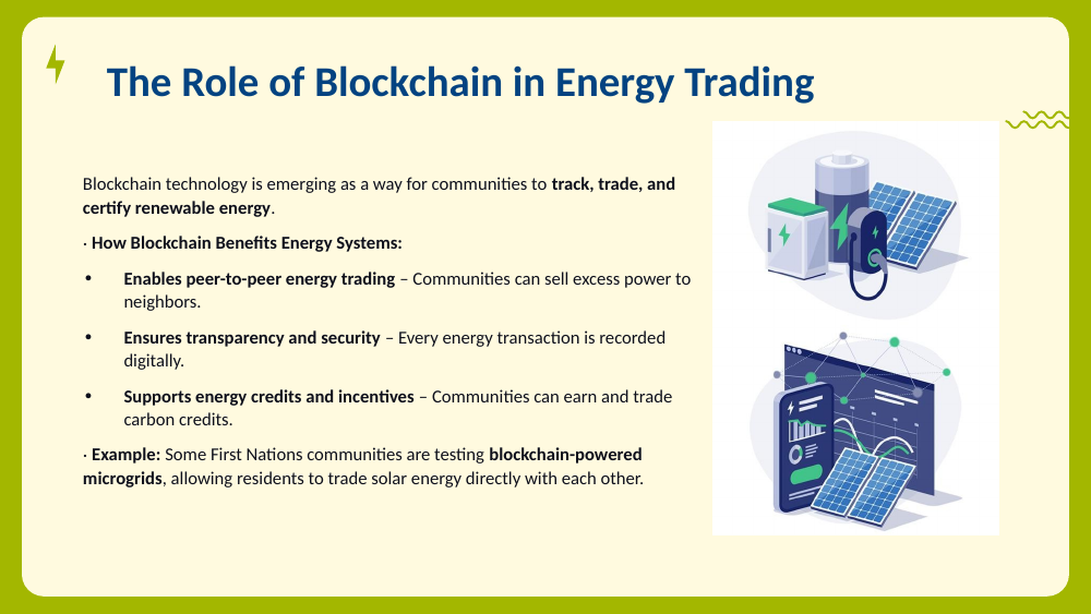 Illustrations of a solar panel with a battery and EV charger, and a solar panel beside a dashboard showing energy-trading data.