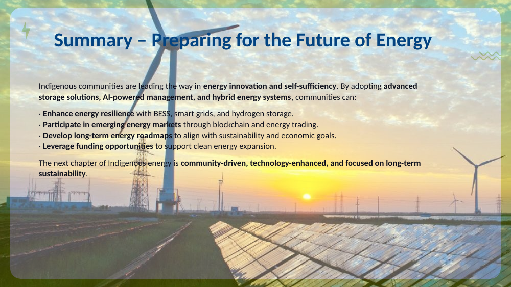 Wind turbine and solar panels at sunset with a recap of energy independence, technology integration, and community-driven planning.