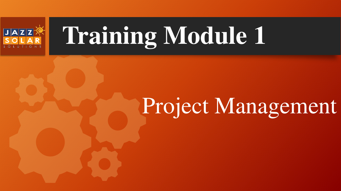 Module title slide: Project Management, with the JAZZ Solar logo and gear graphics.