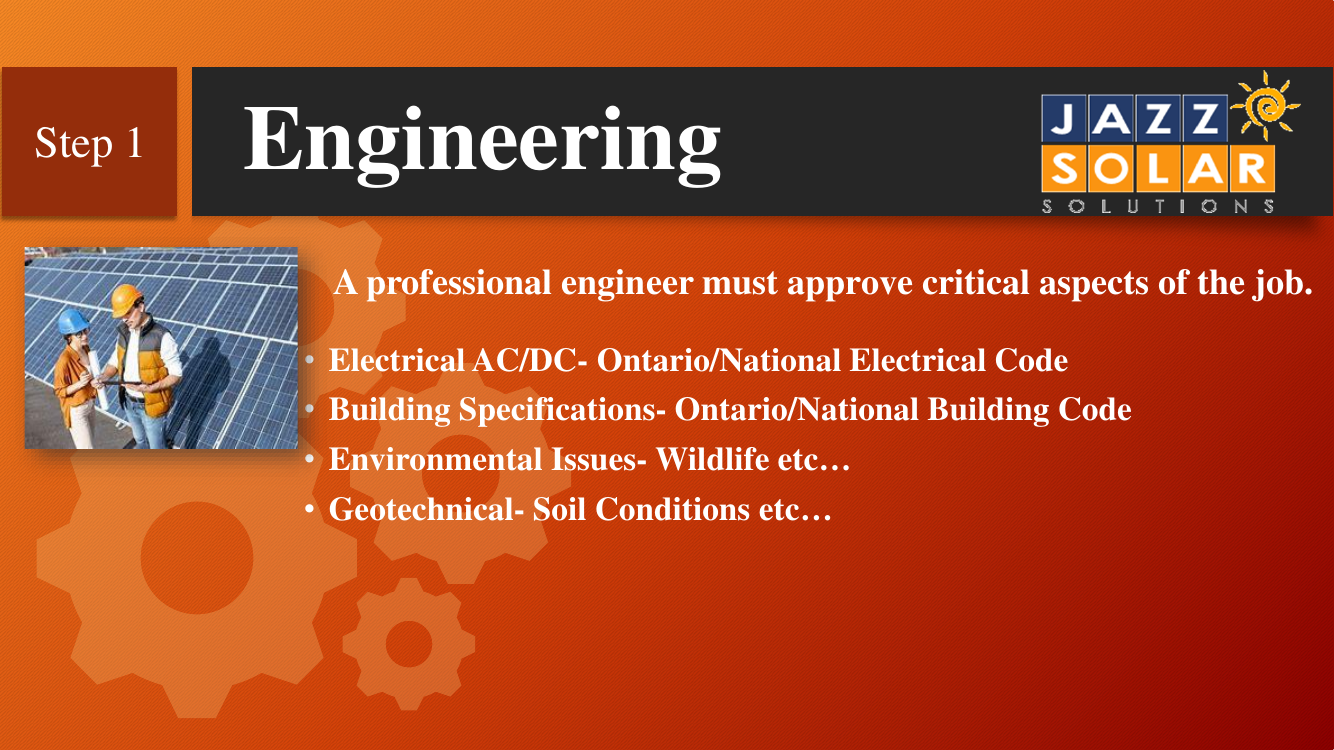 Engineering sign-off list beside a photo of rooftop solar panels.