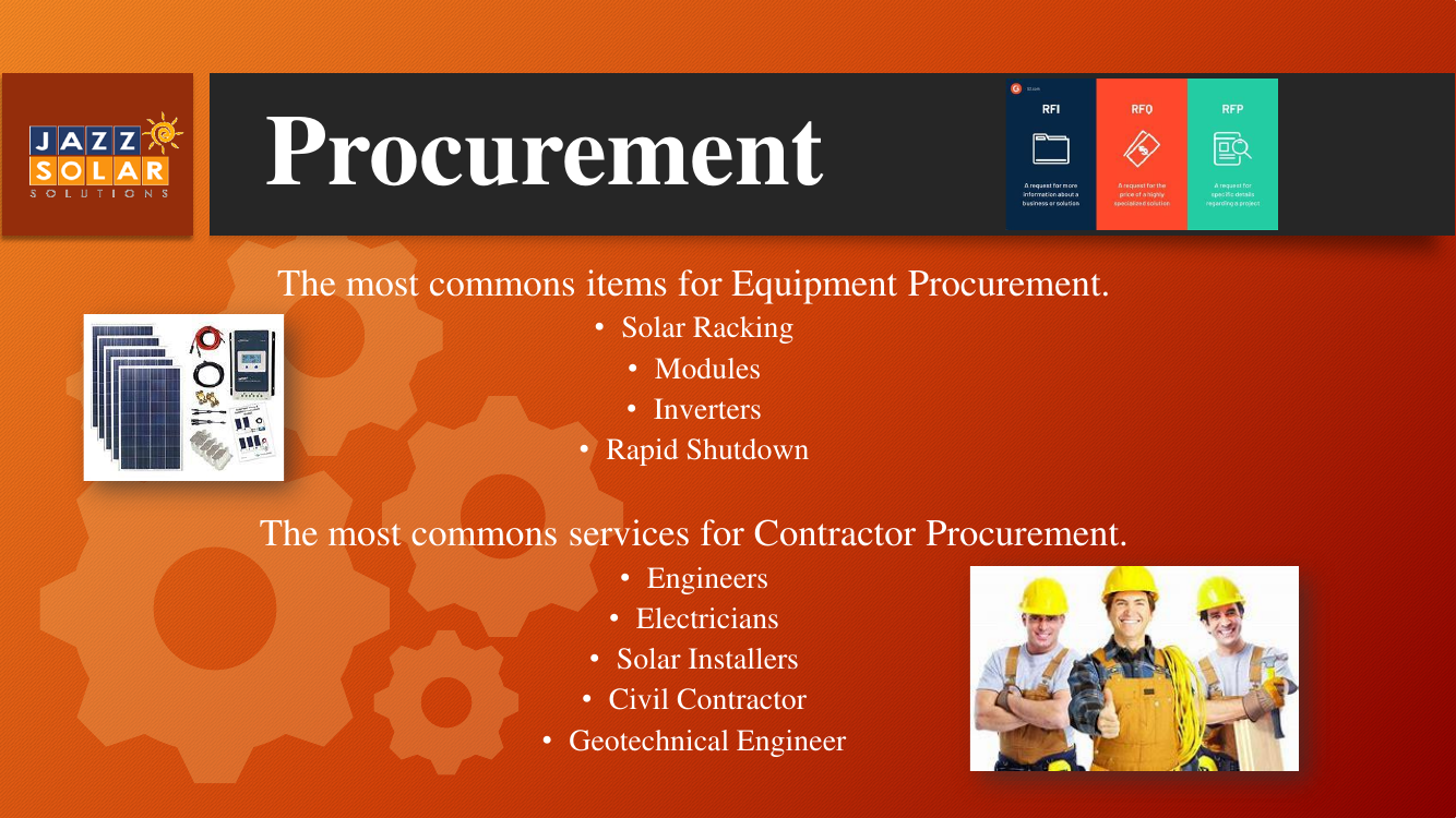 Common solar equipment and contractor services to procure.
