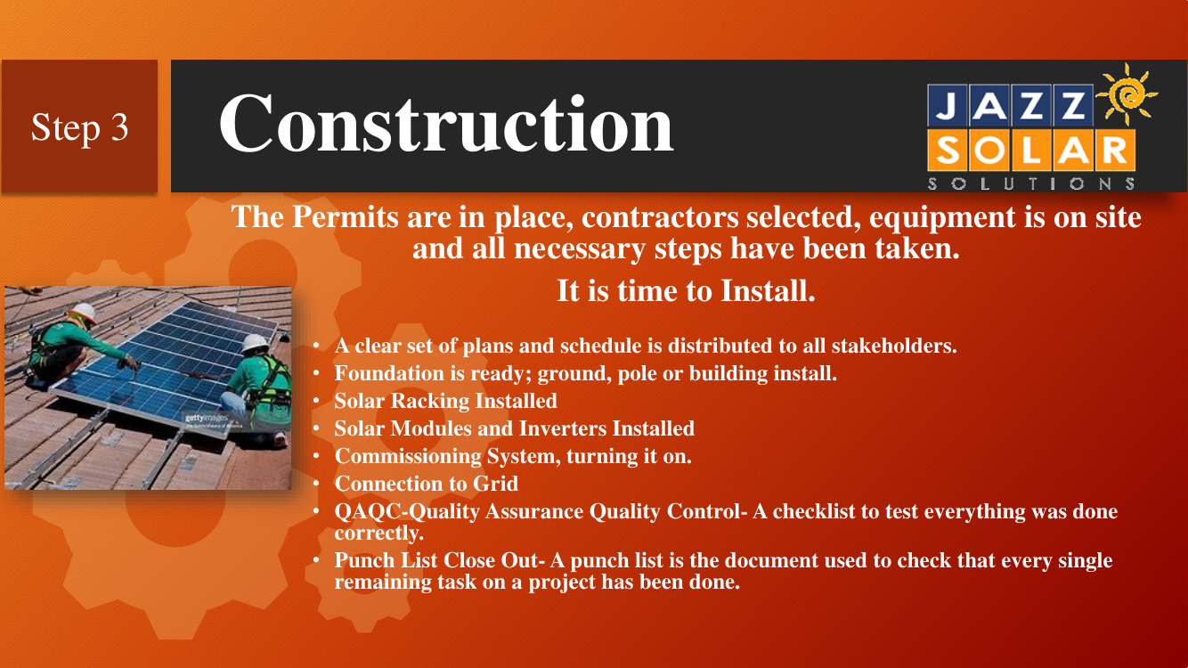 Step 3 construction checklist over a photo of a ground-mount solar array being built