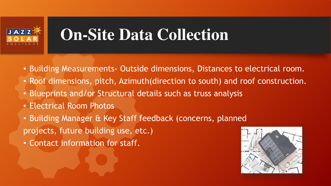 Checklist of on-site data to collect for a solar project.