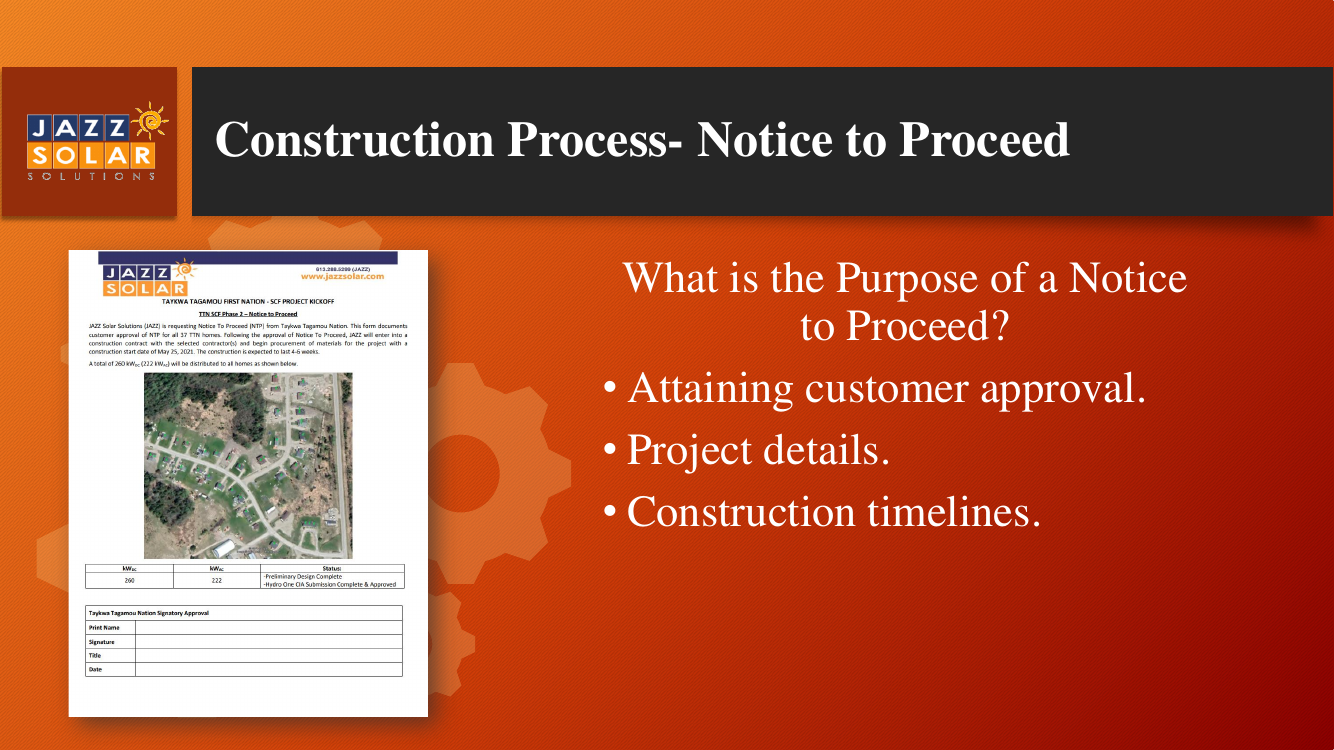 Example Notice to Proceed document with an aerial site image and a signature details block