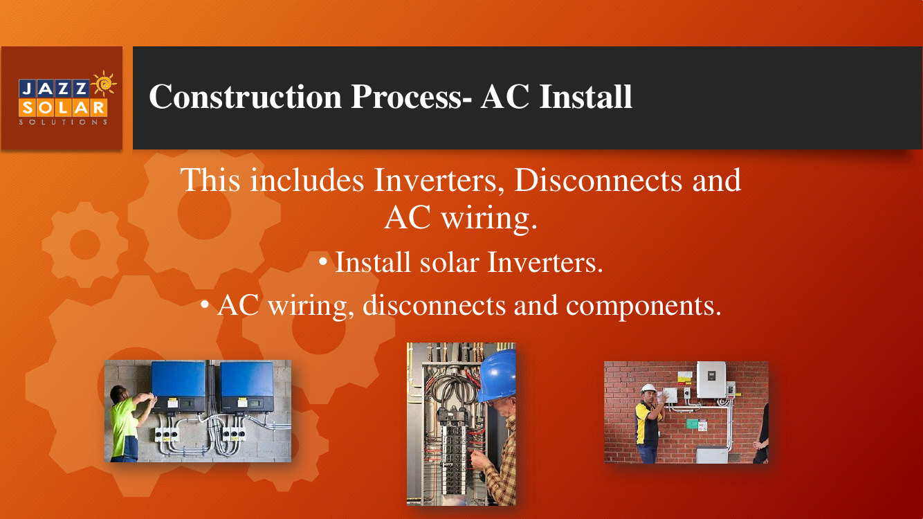Photos of AC-side electrical work: technicians wiring an inverter, inverters and disconnects, and an electrician on a wall component