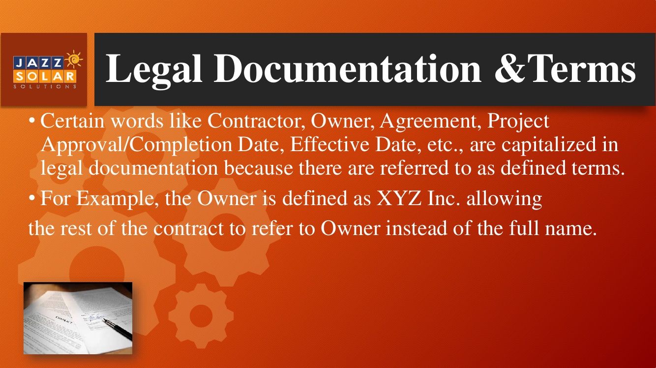 Slide on legal documentation explaining capitalized defined terms in contracts.