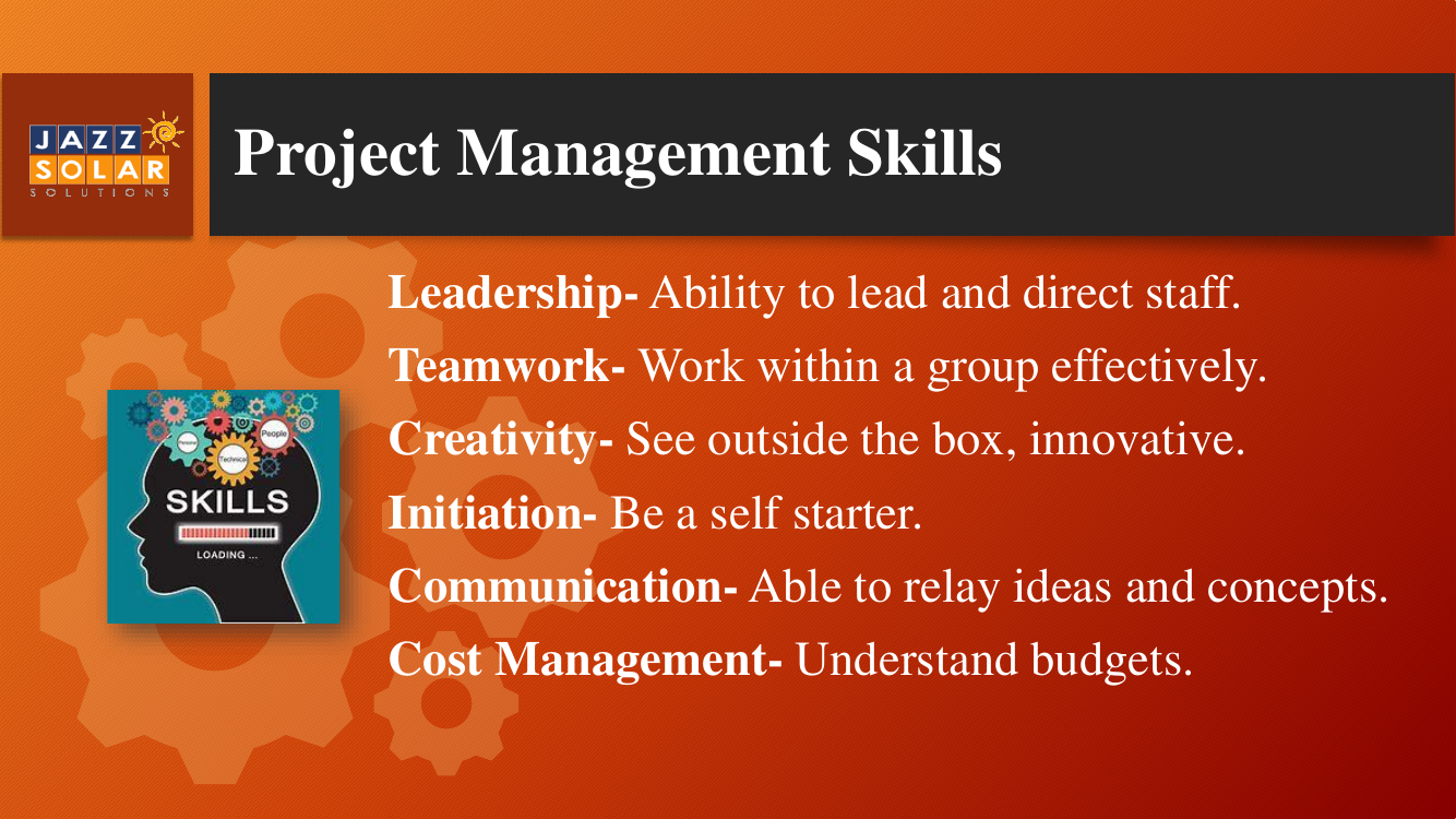 Skills tile with interlocking gears beside a list of project management skills.
