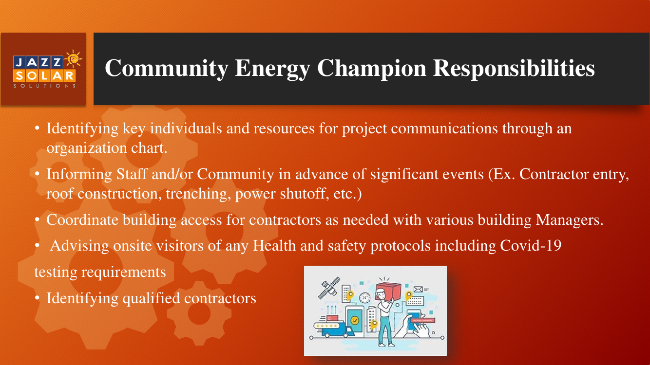 Community Energy Champion Responsibilities slide with a flat illustration of people, charts, and project-management icons.