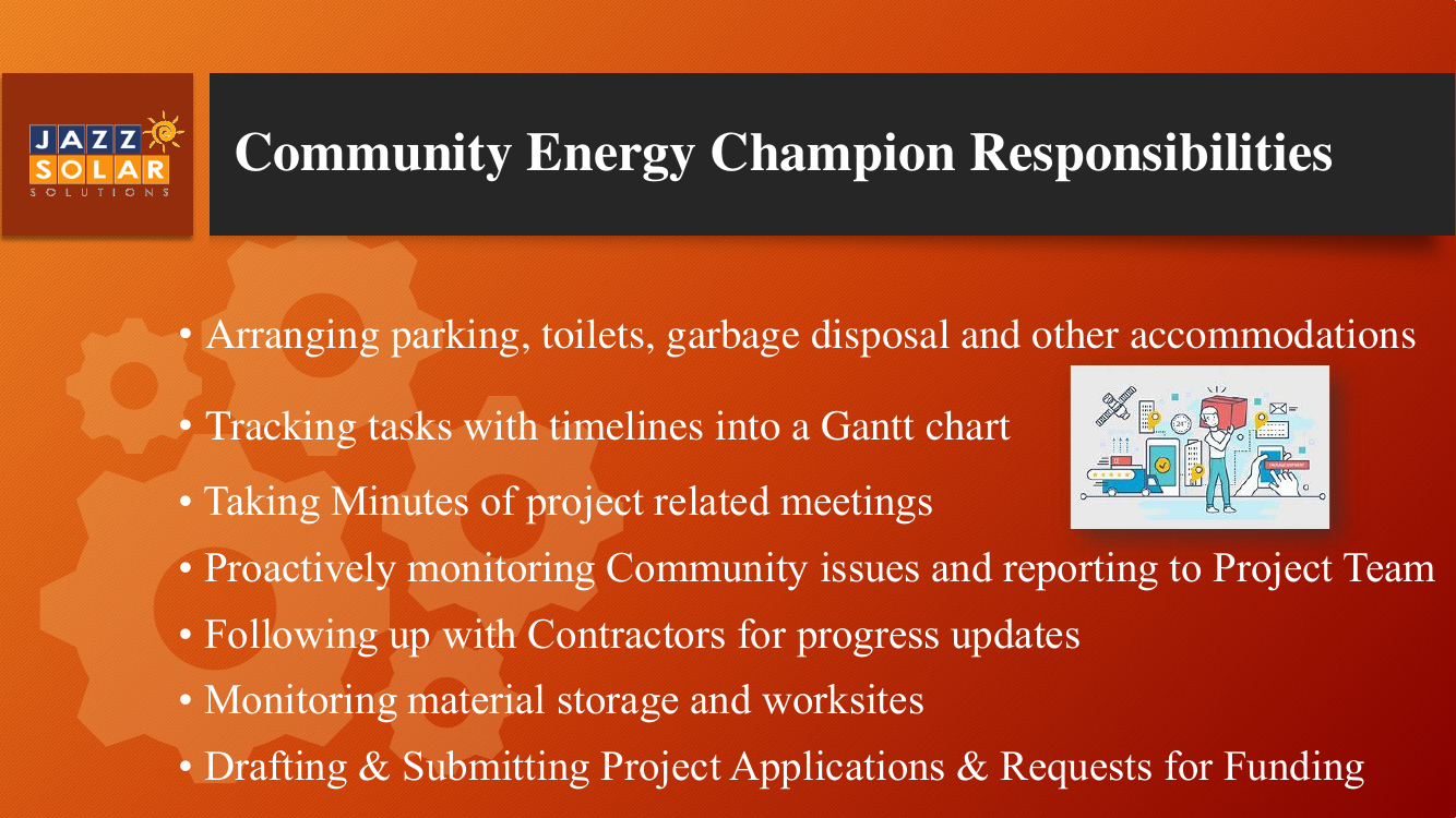 Continuation of Community Energy Champion Responsibilities listing tasks like parking, meeting minutes, monitoring, and funding applications.