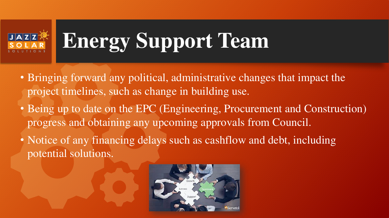 Energy Support Team slide with a photo of hands building a green Earth puzzle, symbolizing teamwork.