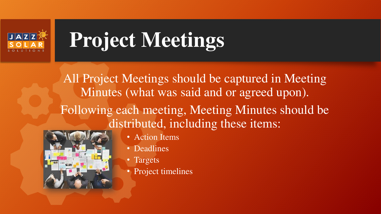Slide about project meetings and meeting minutes, with a planning board covered in colorful sticky notes.