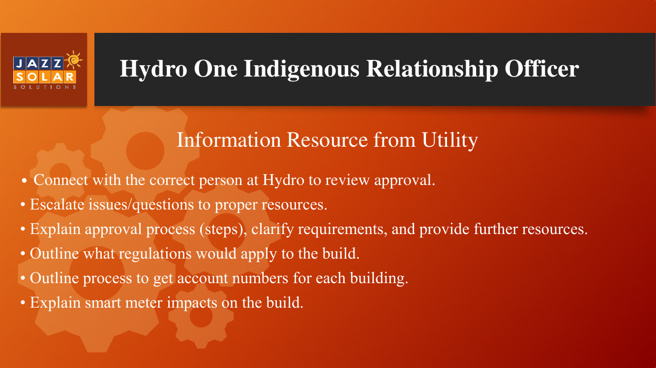 Slide listing ways to work with the Hydro One Indigenous Relationship Officer, an information resource from the utility.