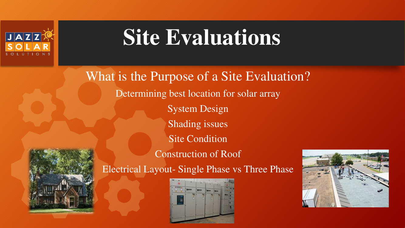 Site evaluation purposes with photos of a roof, an electrical panel, and a ground-mount array