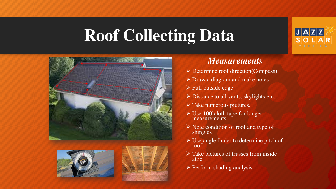 Annotated roof photo with measurements, an attic truss view, and a tape detail